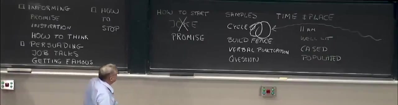 A lecture-hall blackboard in chalk capitals: HOW TO START, with JOKE struck through and PROMISE beneath; SAMPLES, with CYCLE, BUILD FENCE, VERBAL PUNCTUATION and QUESTION; TIME AND PLACE, with 11 AM, WELL LIT, CASED and POPULATED.