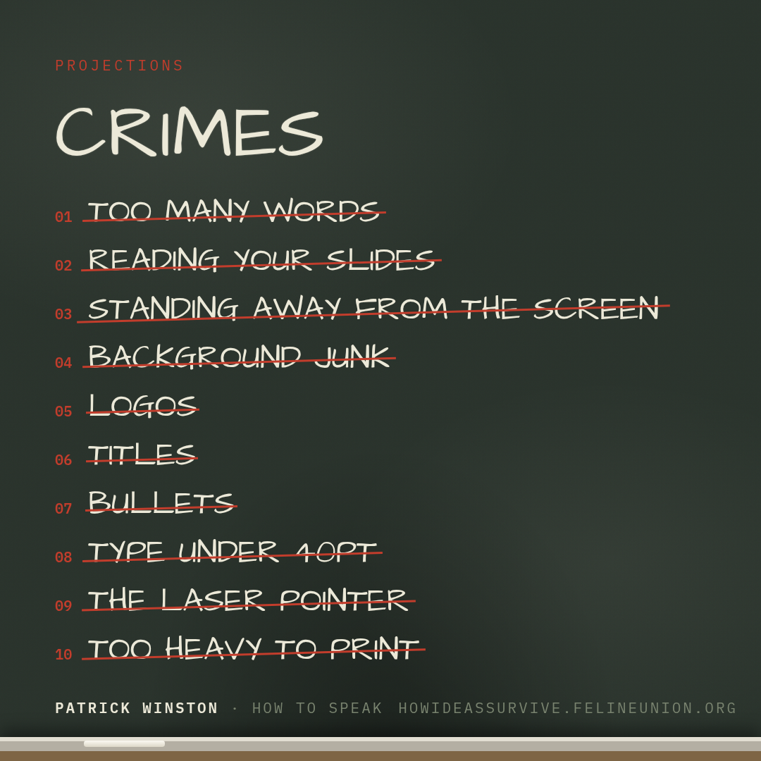 The ten slide crimes, stripped off one at a time.